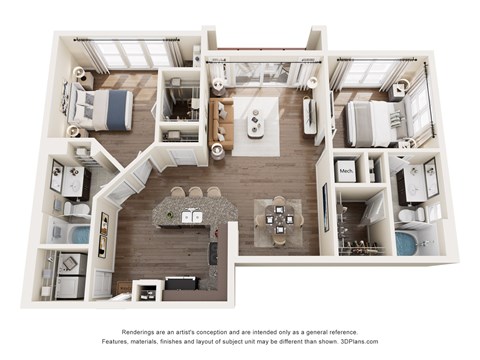 Floor plan for 2 beds, 2 baths, 1102 sqft
